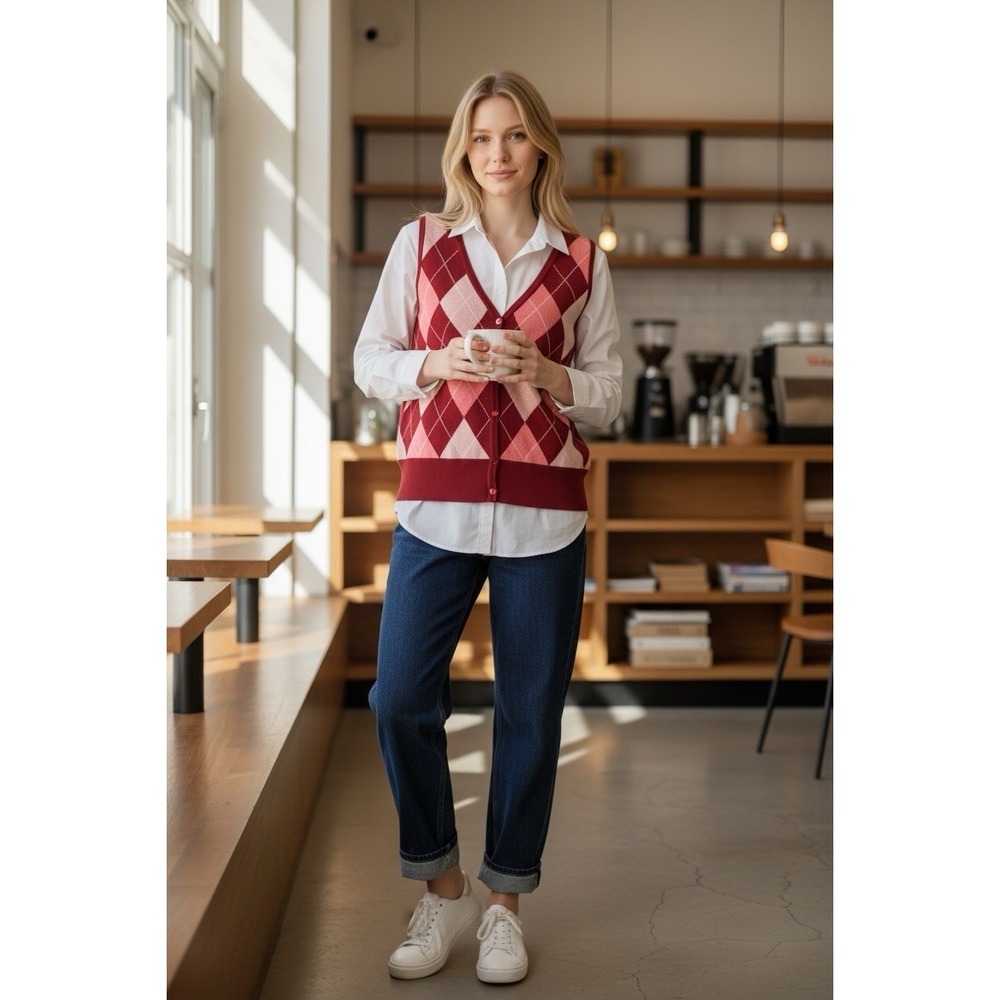 Talbots Sweater Vest Womens M Red Pink Merino Wool Argyle V-Neck Academia Preppy